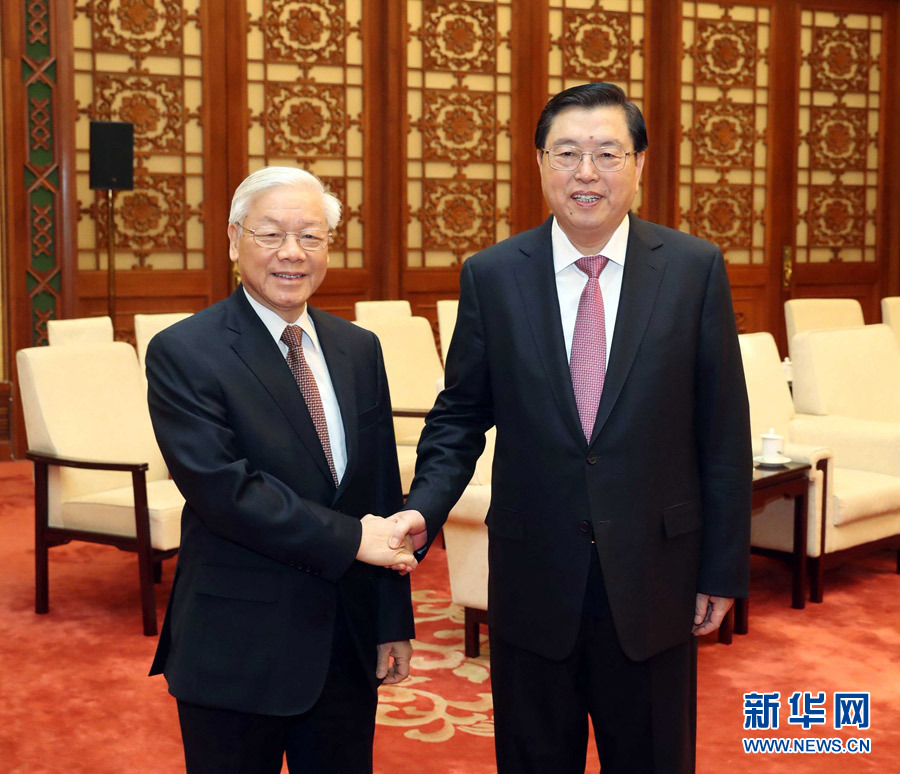 1月13日，中共中央政治局常委、全國(guó)人大常委會(huì)委員長(zhǎng)張德江在北京人民大會(huì)堂會(huì)見越共中央總書記阮富仲。 新華社記者 劉衛(wèi)兵 攝
