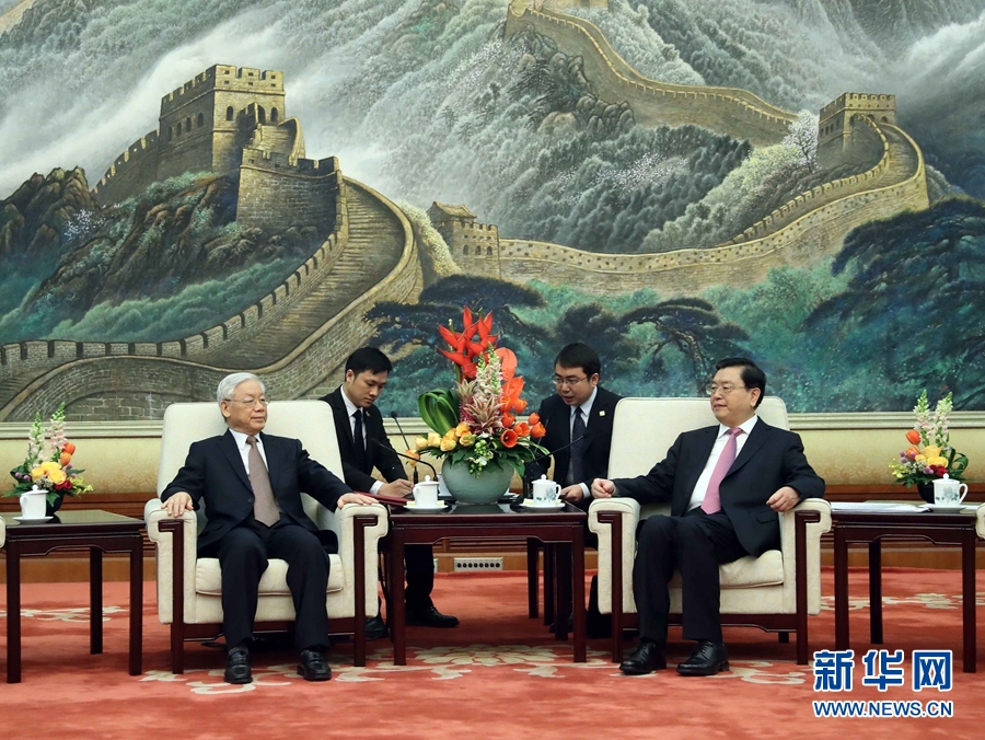 1月13日，中共中央政治局常委、全國(guó)人大常委會(huì)委員長(zhǎng)張德江在北京人民大會(huì)堂會(huì)見越共中央總書記阮富仲。 新華社記者 劉衛(wèi)兵 攝